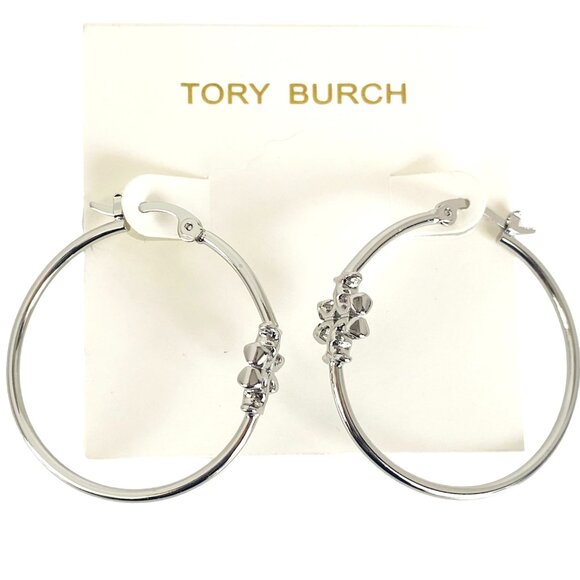 Auth NEW Tory Burch Large Eleanor SILVER Logo Hoop Earrings Tag/Card/Dust Bag - Picture 1 of 5